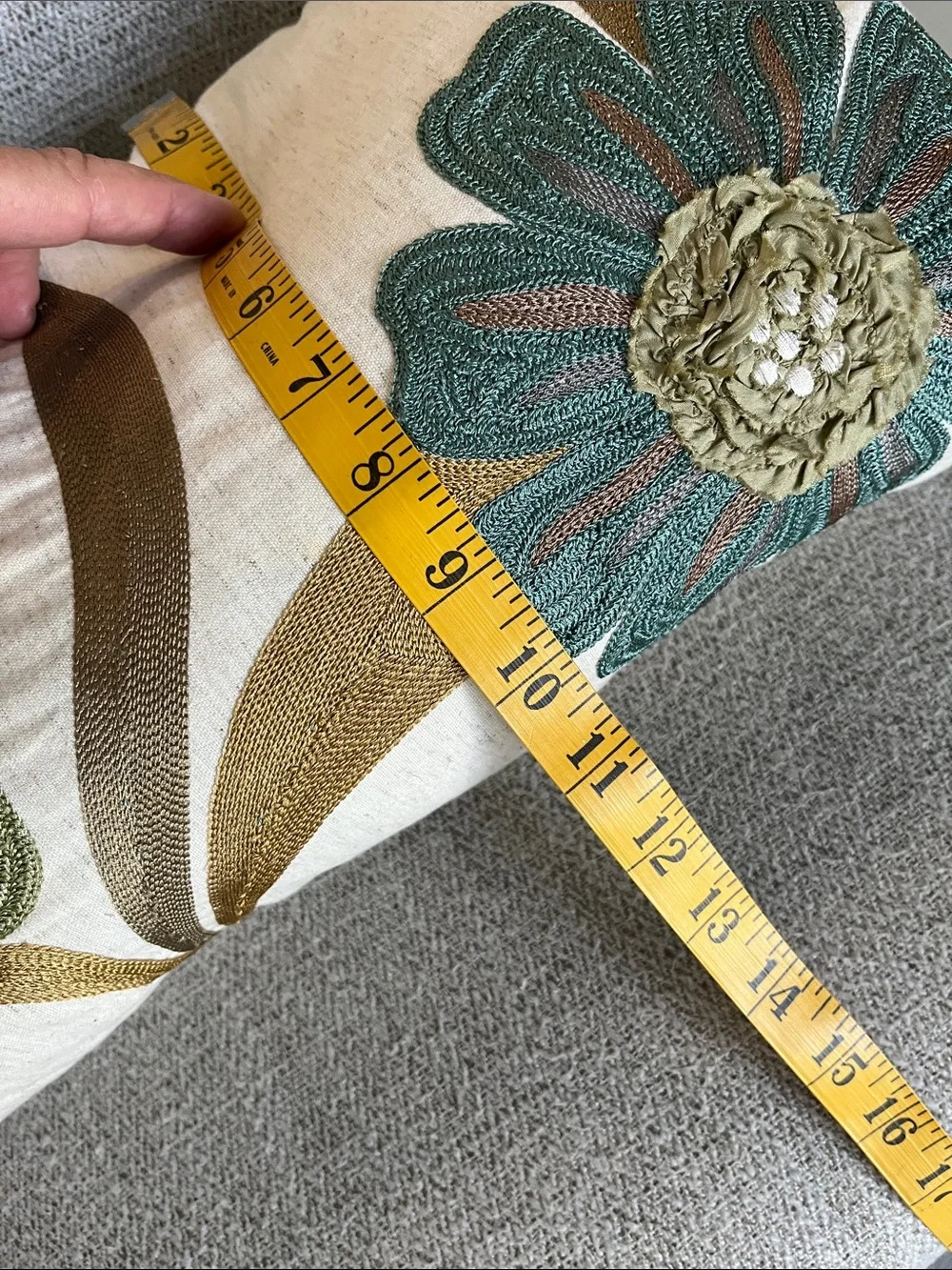 Pier 1 floral embroidered textured  boho lumbar pillow olive teal ribbon trim